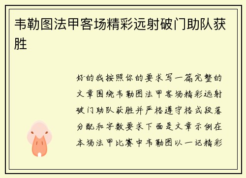 韦勒图法甲客场精彩远射破门助队获胜