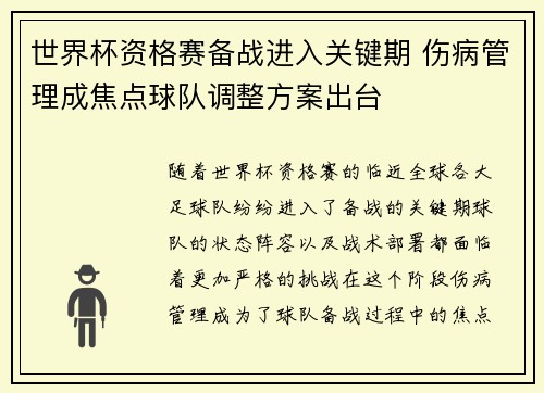 世界杯资格赛备战进入关键期 伤病管理成焦点球队调整方案出台