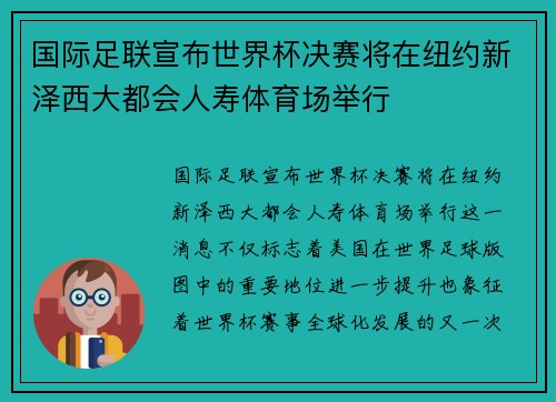 国际足联宣布世界杯决赛将在纽约新泽西大都会人寿体育场举行