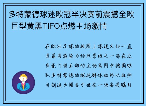 多特蒙德球迷欧冠半决赛前震撼全欧 巨型黄黑TIFO点燃主场激情